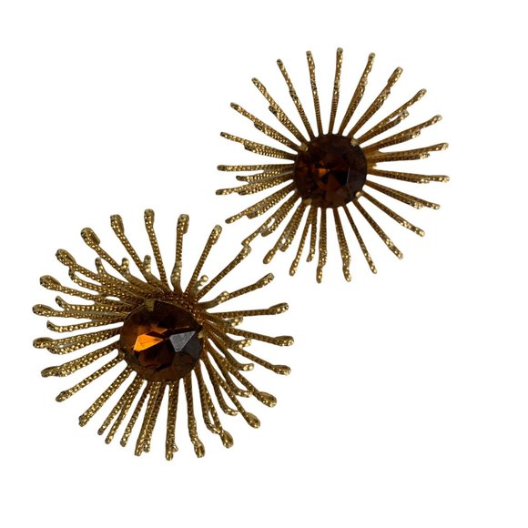 Sarah Coventry Vintage Starburst Brooch Earrings Set 1969 Costume Gold Amber - Picture 3 of 5